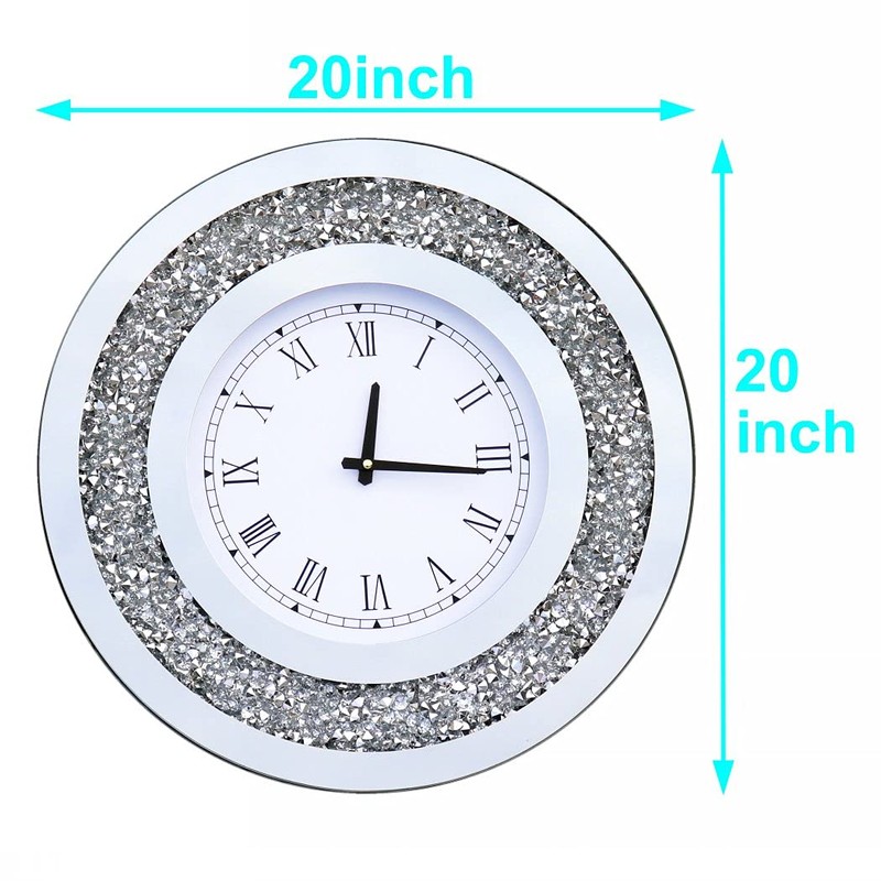 DMDFIRST Silver Round Mirror Clock 20x20inches Crystal Sparkle Twinkle Bling