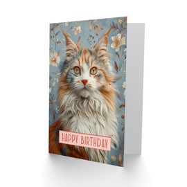 Artery8 Birthday Card Cat Lover Fluffy Maine Coon Retro Floral Pattern For Her Gran Sister Niece Daughter Wife Woman Greeting Card