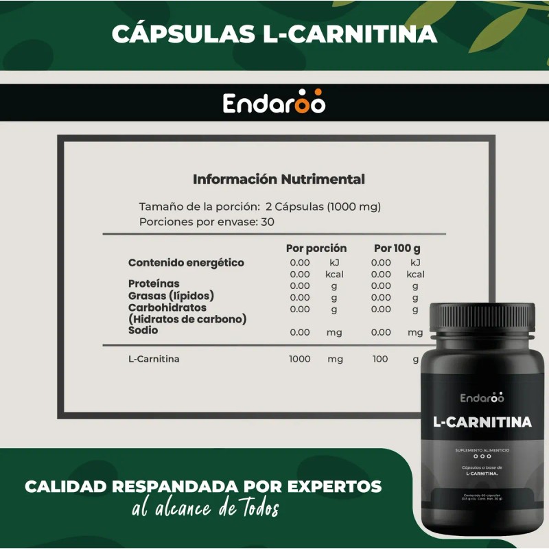 Carnitina Endaroo 1000mg Energía Rendimiento Deportivo Cápsulas