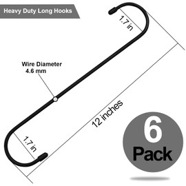 ESFUN 6 Pack 12 inch Extra Large S Hooks Black Heavy Duty Long S Hooks for Hanging Plant Extension Hooks for Kitchenware,Utensils,Pergola,Closet,Flower Basket,Garden,Patio,Indoor Outdoor Uses