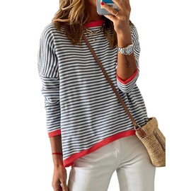 Dokotoo Womens Round Neck Sweaters Fashion Fall Striped Color Block Sweaters for Women Casual Black Pullover Jumper Tops Long Sleeve Shirts Dark Blue X-Large