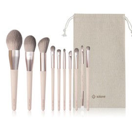 Solone Exquisite Makeup Brush Set (10pcs), Peach Pink Synthetic Wood Handle Vegan Cruelty Free, Powder, Contour, Blush, Eyeshadow, Blending, Pencil, Detail, Accent Dual-Ended Concealer Brush