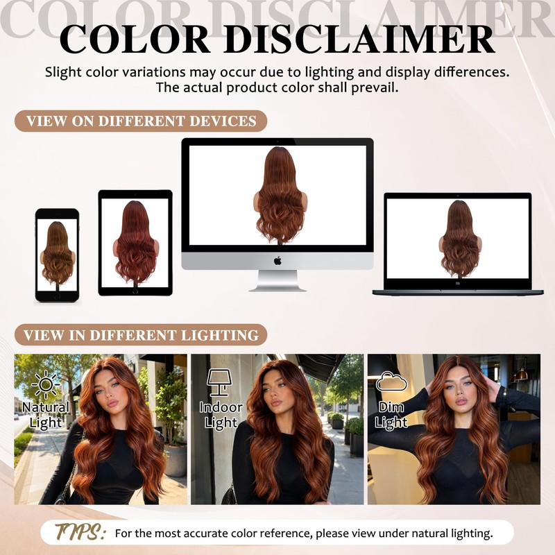 Copper Auburn Highlights Wig for Women,26 inch Long Wavy Wig