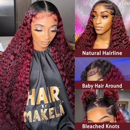 Ombre 1B/99J Burgundy Deep Wave Lace Front Wigs Human Hair 13X4 Deep Curly Wigs for Black Women Glueless Cury Lace Frontal Wig (28inch)