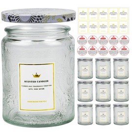 8.8OZ Embossed Glass Candle Jars Container with Tin Lids and Candle Label Warning Label for Candle Making Candle DIY Craft - 9pack (Clear)
