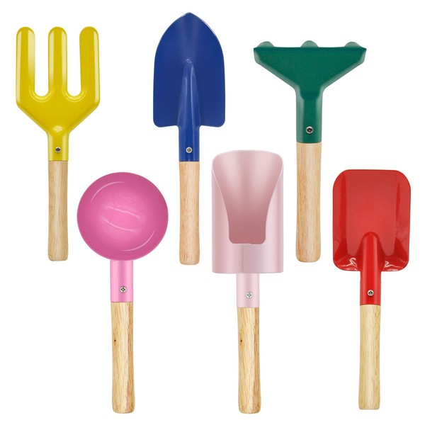 OKGD 6-Piece Garden Tools Set for Kids,Children Beach Sandbox Toy,Including Cylinder Scoop, Trowel, Spoon, Fork, Rake & Shovel for Kids