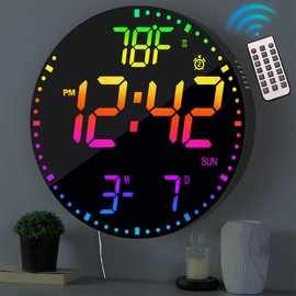 Large 12" Modern RGB Colorful LED Wall Clock, Large Digital Display, Temperature, Countdown, Alarm, Time, Date (Black)