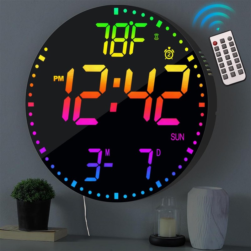 Large 12" Modern RGB Colorful LED Wall Clock, Large Digital