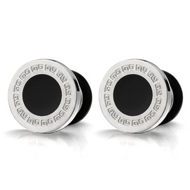 6mm Mens Circle Stud Earrings Steel with Greek Key Pattern and Black Enamel(CA)