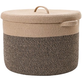 20" x 20" x 15" Extra Large Storage Basket with Lid, Cotton Rope Storage Baskets, Laundry Hamper, Cloth Bin, for Clothes Towels Blankets Pillows Storage in Living Room, Jute/Black Mix with Lid