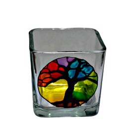 Rainbow Tree of Life Stained Glass Hand Painted Square Candle Holder