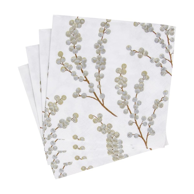 Caspari Berry Branches Paper Cocktail Napkins in White & Silver