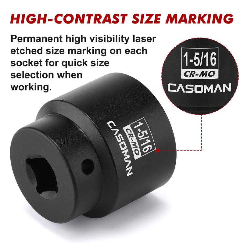 CASOMAN 1/2" Drive x 1-5/16" Impact Socket, 6-Point, SAE, CR-MO