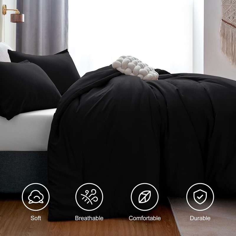 CozyLux Black Comforter Set King Size, 3 Pieces Solid Breathable
