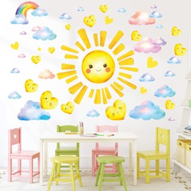 SHUCHING Large Sun Wall Sticker Peel and Stick, Cloud Heart Rainbow Wall Decal for Kids, Removable Vinyl Wall Decor Art Home Decoration for Living Room Bedroom Nursery Playroom