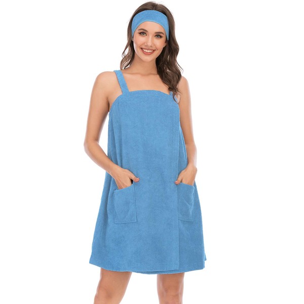 Women's Plus Size Terry Towel Wrap Quick-Drying Bath Robe Headband (Light Blue L)