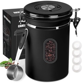 1800ML Airtight Coffee Canister with Date Tracker Transparent Window, 22.8OZ Coffe Beans Storage with 30ML Measure Spoon&4 co2 Valve, Kitchen Food Storage Container for Grounds Coffee,Beans&Tea(Black)