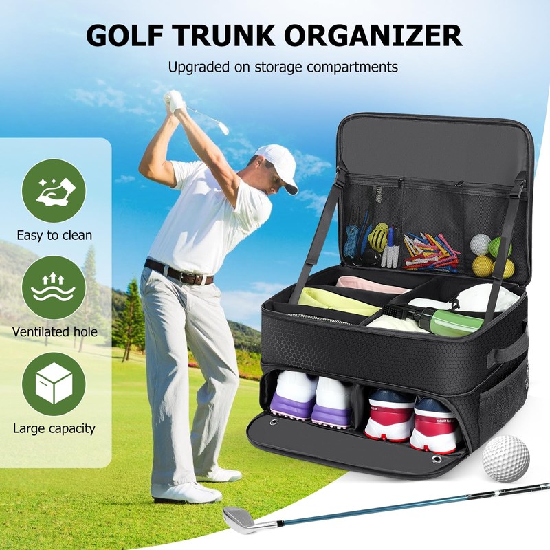 Misoda Golf Trunk Organizer with Shoe Storage, 2-Pair Capacity, Multi-Compartment