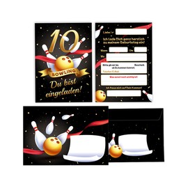 Minkocards 12 Invitation Cards Including 12 Envelopes for 10th Children's Birthday Bowling Bowling Skittles Girls Boys Invitations Tenth Birthday Kids Invitation Set