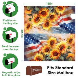 Watercolor Sunflowers with American Flag Mailbox Covers Magnetic Standard Size, Spring Summer Floral Magnetic Mailbox Covers Mailbox Wraps Post Letter Box Cover for Holiday Outside Yard Decor 18"x21"