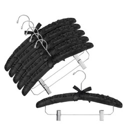 Only Hangers Black Satin Padded Hangers w/Chrome Hook & Clips - Pack of (6) Hangers