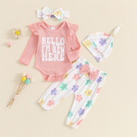 Amnnchya Newborn Baby Girl Outfits Hello Long Sleeve Rib Knit Romper Floral Pant Coming Home Fall Winter Clothes Outfit (White, 3-6 Months)