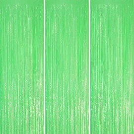 Voircoloria 3 Pack 3.3 x 8.2 ft Pastel Green Foil Fringe Backdrop Curtains, Tinsel Streamers Party Decorations, Fringe Backdrop