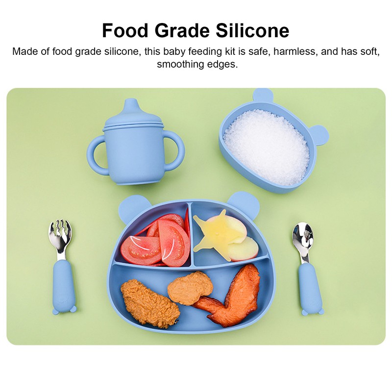 5pcs Baby Feeding Kit Food Grade Silicone Bear Design Plate