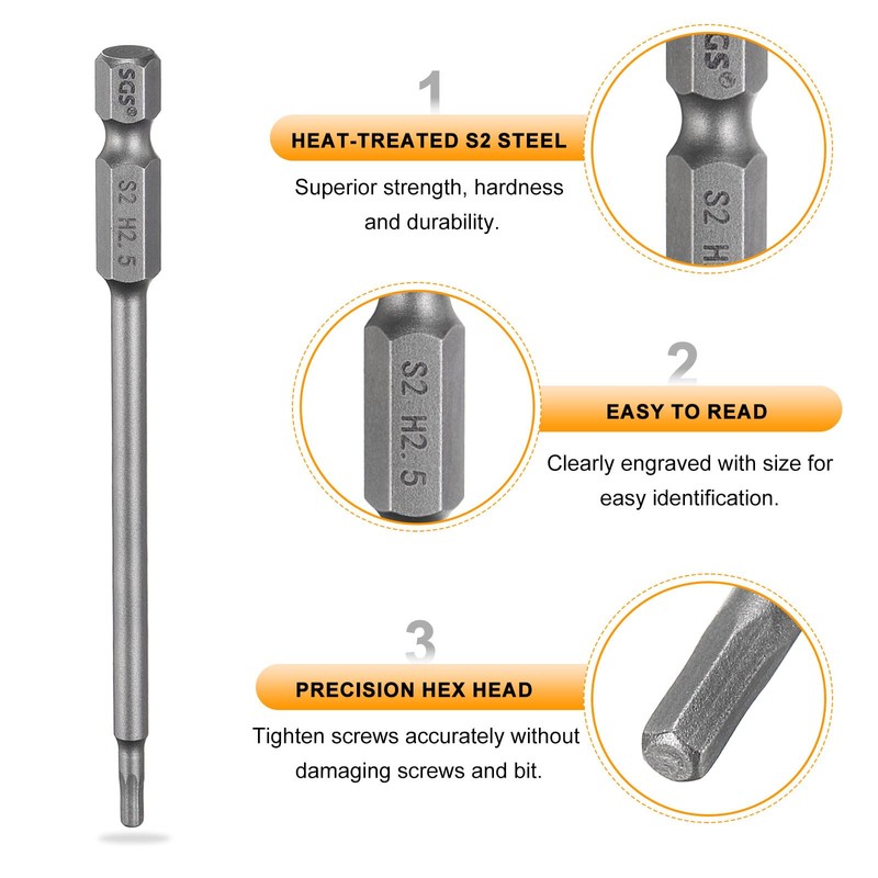 sourcing map 5pcs H2.5 Hex Head Drill Bit Wrench 2.5mm