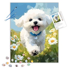ARNLRDYA White Bichon Frise Dog Paint by Number Kits, White Daisy Grass Paint by Numbers for Adults Beginner, Cute Animals Acrylic Painting for Gift Home Decor(16×20inch, Unframe)