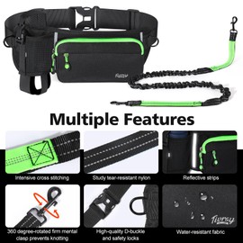 Tivray Hands Free Dog Leash with Waist Belt, Dog Lead Leashes with Dual Bungees for 2 Dogs Reflective Shock Absorbing Sturdy Dual Adjustable Dog Running Leash Belt for Outdoor Activities, Black+Green