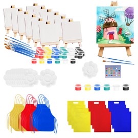 NNHOM Mini Canvas and Easel Set for Painting,96 Pcs Full Small Canvas Kit,with 12 Sets Art Canvas/Wood Easels/Watercolor Paints/Bags/Aprons,for Kids Sip & Paint Party & Beginner Supplies