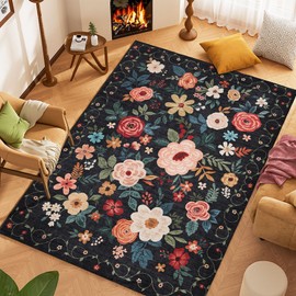 DUKINO 9x12 Area Rug, Floral Rugs for Living Room, Lightweight Non Slip Washable Rug, Indoor Low Pile & Non-Shedding Boho Design Rugs for Bedroom, Living Room, Dining Room, Black