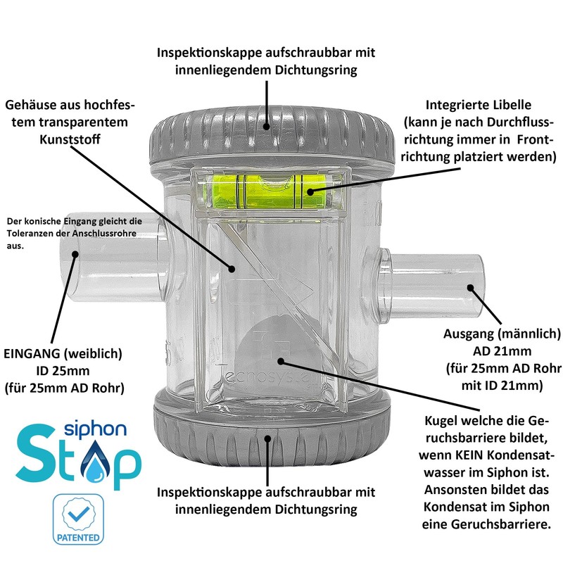 Siphon Stop 25 Ball Siphon for Horizontal Condensate Water Drainage