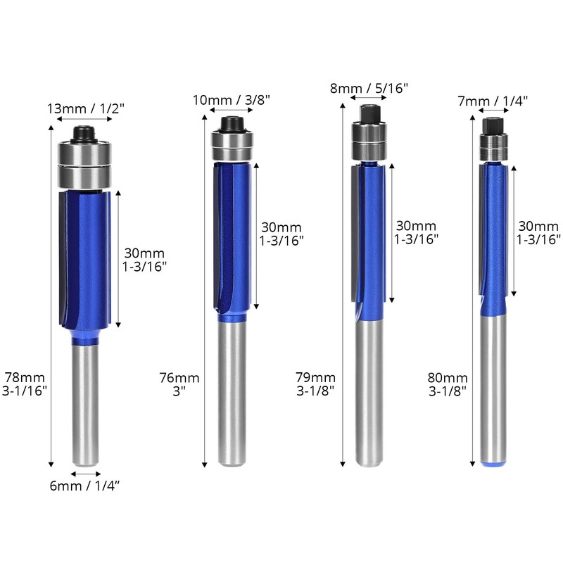 QWORK® 4 Pcs Flush Trim Router Bits Set, 1/4-Inch Shank,