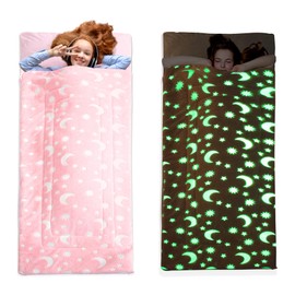 HOMBYS Glow in the Dark Sleeping Bags for 10~12 Years Old Kids, 84"x30" Soft Kids Nap Mat with Pillow and Blanket for Daycare School, Pink Travel Sleep Bag for Childern Girls Boys Truck Travel Camping