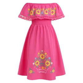 IBTOM CASTLE Mexican Dress for Girls: Toddler Traditional Folklorico Dress Off-Shoulder Floral Embroidery Cinco de Mayo Fiesta Party Supplies Sunflower Lace Drape Ethnic Style Dress Hot Pink 3-4 Years