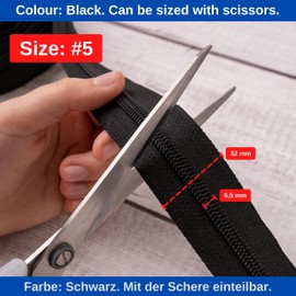 Endless zip, 330 cm total length, including 15 x narrow zip zips, size #5, black, not separable, rail width 2.8 - 3.2 cm, tooth width 6 - 6.5 mm, zip zip, replacement zip endless