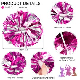 HOLENGS 4Pcs Upgraded 12inch Metallic Cheerleading Pom Poms, Cheerleader Pompoms Cheer Poms for Kids Adults, Cheering Squad Pompoms for School Sports Games Dance Party (Rose and Silver)
