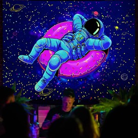 Miytal Blacklight Space Astronaut Tapestry, UV Reactive Funny Doughnut Aesthetic Tapestries, Cool Star and Planet Spaceman Wall Hanging for Bedroom, Living Room - 59.1" x 80"