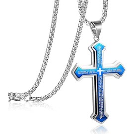 Cross Pendant Necklace – Men's Stainless Steel Lord's Prayer Nail Pendant, Unisex Design, Large Pendant with Sturdy 24-Inch Chain - Colour: Blue