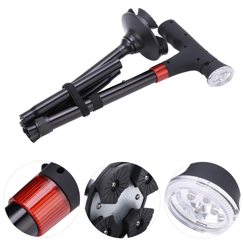 Aluminum Alloy Folding Light Cane Elderly Four‑legged with Lamp Non‑slip