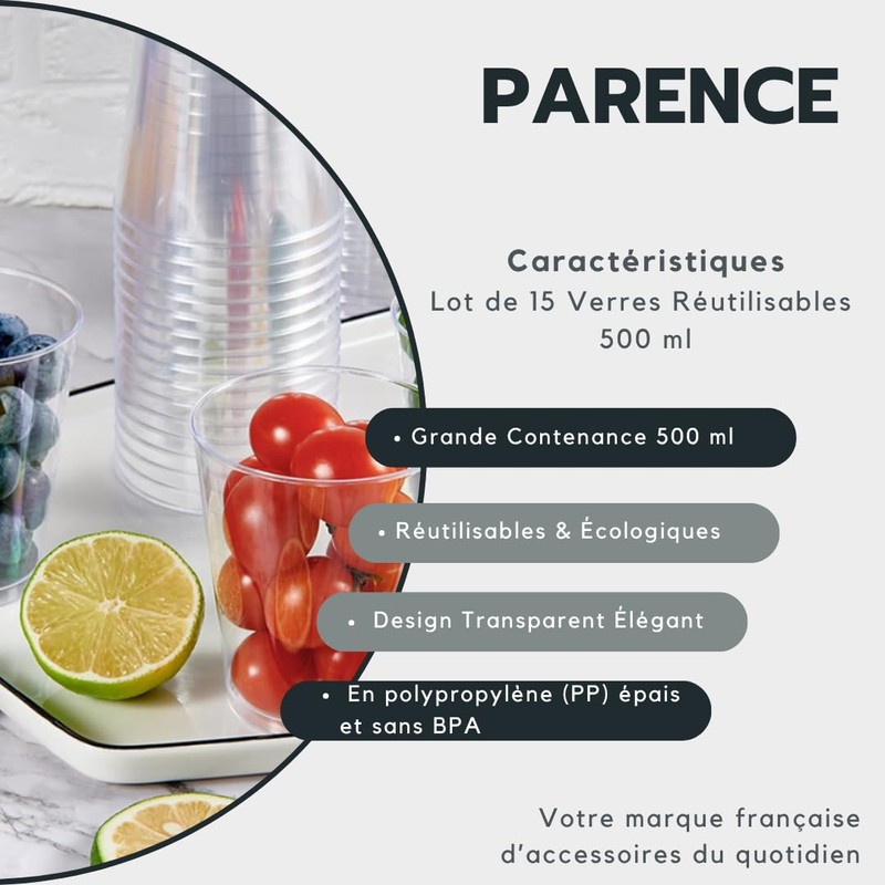 PARENCE.- Set di 15 bicchieri di plastica riutilizzabili da 500