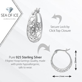 Sterling Silver High Polished Classic Filigree Round Hoop Earrings for Women, Metal