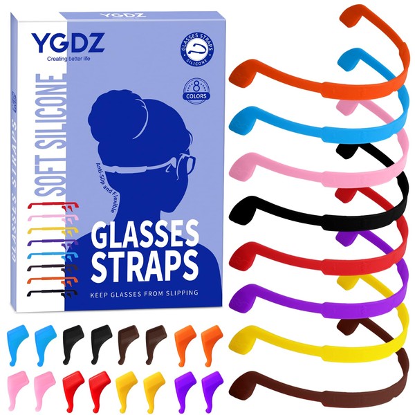 YGDZ Glasses Strap, 8 Pack Kids Eyeglasses Sunglasses String Strap Glasses Band Holder Eyewear Retainer, Silicone Elastic Sports Toddlers Glasses Strap with Ear Grip Hooks, 8 Colors