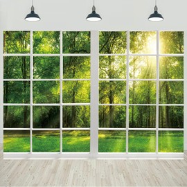 7x5ft Spring Window Scenery Backdrop Forest Green Trees Sunshine Natural Scenery Photography Background Spring Theme Decorations Kids Adults Portraits Wallpaper Banner Photo Studio Props