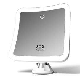 Fancii 20x Magnifying Makeup Mirror with LED Lights, Rechargeable, High Zoom | 7-inch Large Lighted Travel Mirror for Vanity and Bathroom, Dimmable, 3 Light Settings, Strong Suction, 360° Rotation