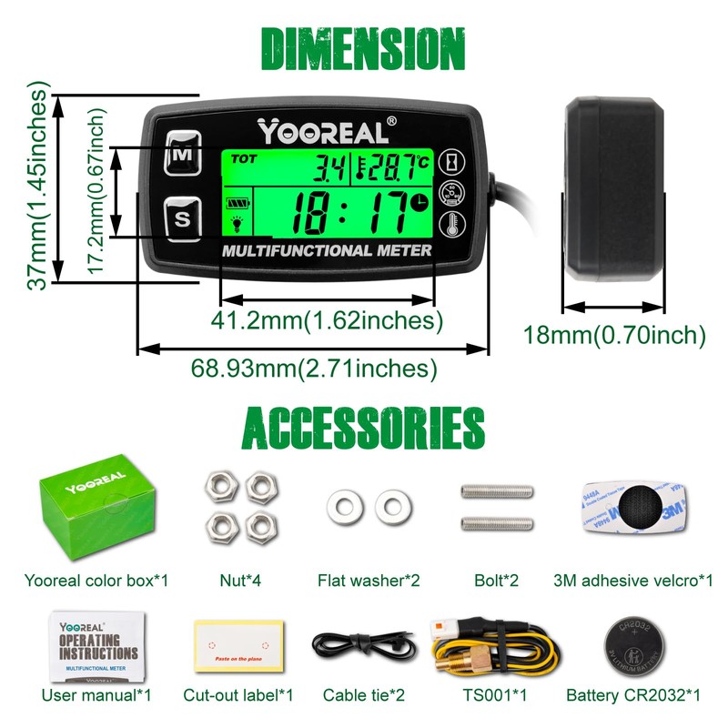 Yooreal Digital Tachometer Hour Meter,Engine Water Oil Temperature Gauge,Alert RPM