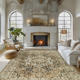 Area Rug Living Room Carpets: 9x12 Large Machine Washable Rug Boho Vintage Medallion Soft Thin Rug Indoor Floor Anti Slip No Shedding Carpet for Bedroom Dining Farmhouse Nursery Home Office-Brown