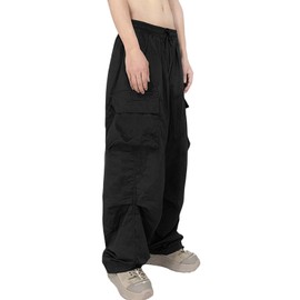 GUDEUBAI Men's Casual Cargo Pants Elastic Waist Drawstring Street Hip Hop Trousers with Pockets (30, Black)